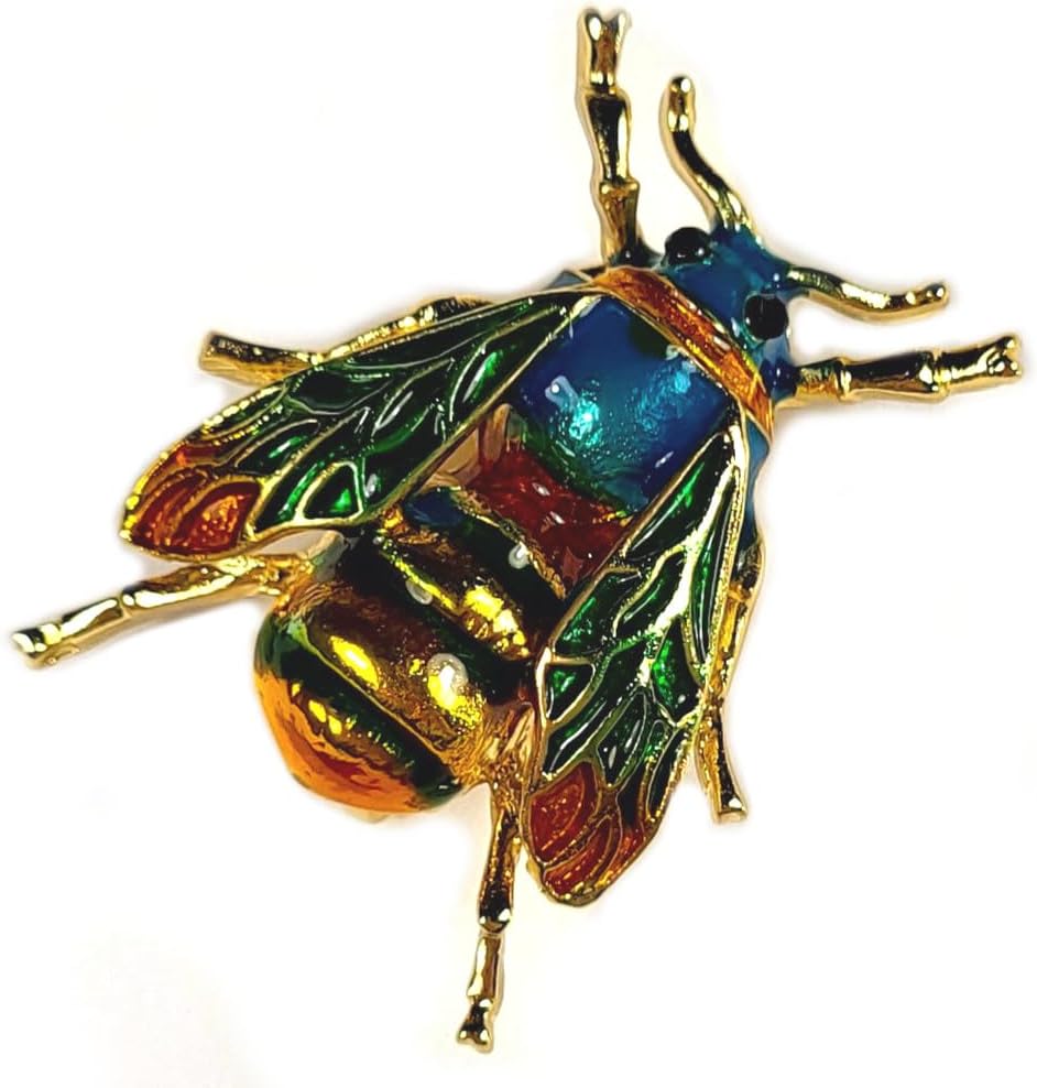 33mm Enamel Blue Yellow Bumble Bee Brooch Vintage Style Art Deco Realistic Honey Bee Pin Insect Animal Lapel Badge Fashion Decor Gift + Marvelous Gift Box