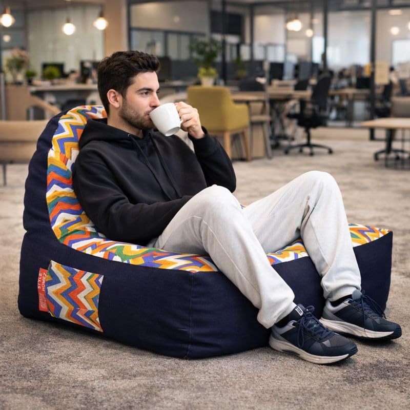Image of Style Homez Urban Design Denim Canvas Geometric Printed Chair Bean Bag XXL Size Filled with Beans Fillers