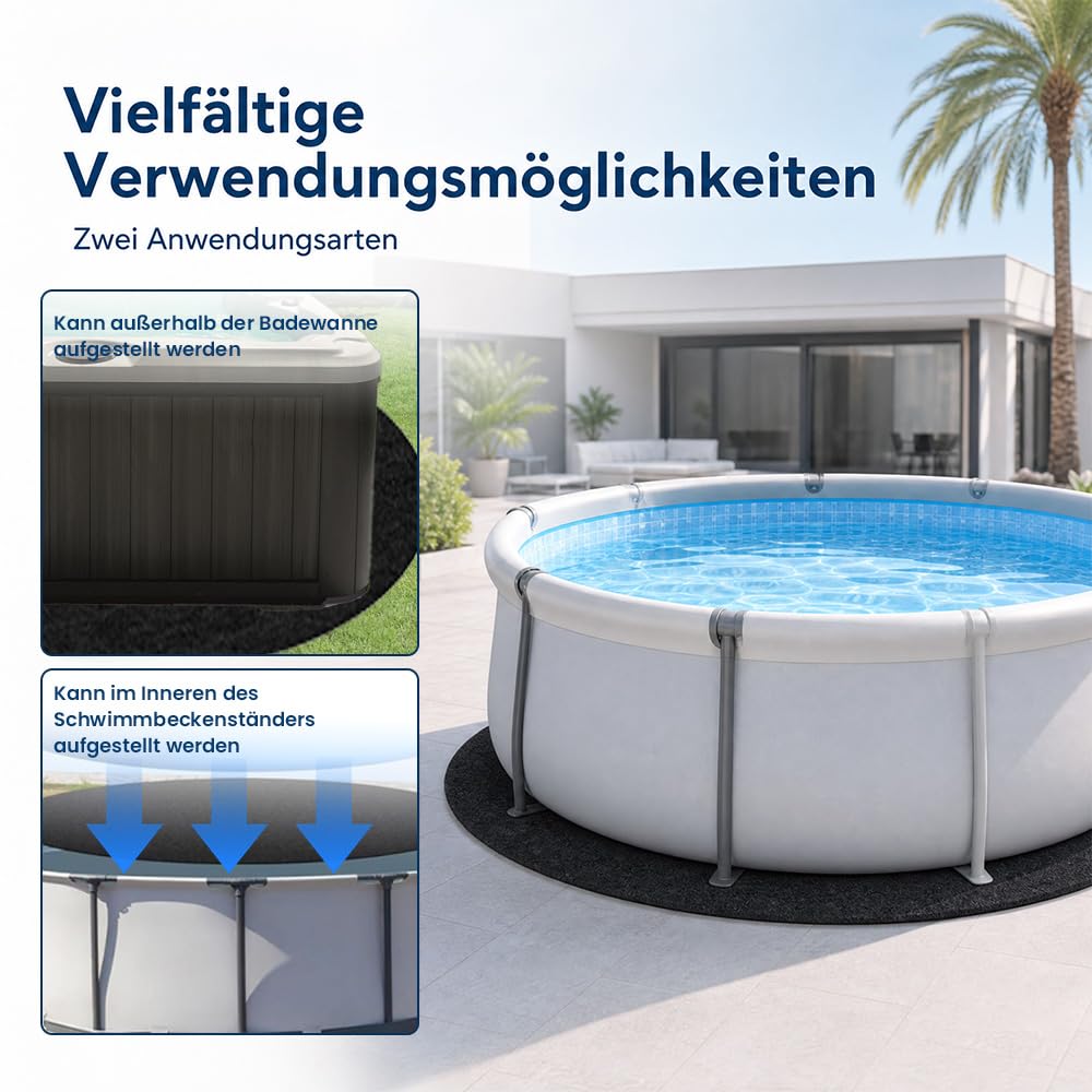 Pool Unterlage Rund, 200g/m² 460cm Pool Unterlage Outdoor | Poolmatten Schutzboden, Faltbarer Wasserabsorbierende Pool Matten Untergrund, Bodenschutzmatte Pool(Schwarz)