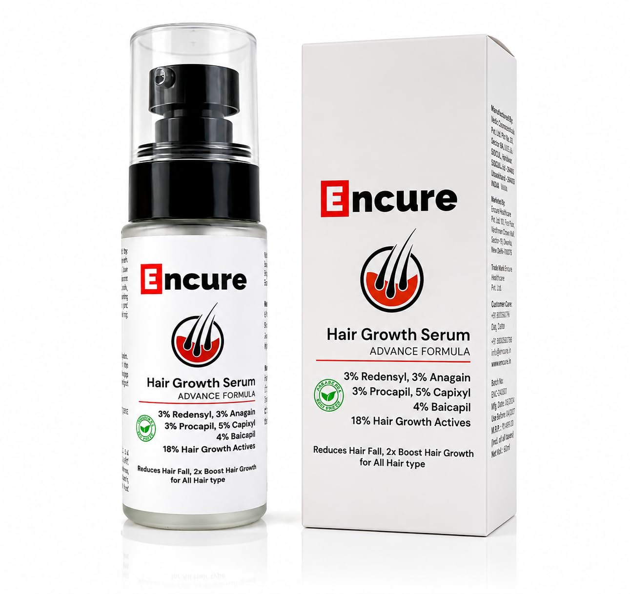 ENCURE™ Hair Growth Serum | Advanced Formula for Scalp with 3 % Redensyl, 3 % Anagain, 3 % Procapil, 5 % Capixyl & 4% Baicapil 2x Better Results than Minoxidil | Caffeine, Biotin & Rice Water | 18% Hair Growth Actives | Minoxidil Free | Thicker & Stronger | Stimulate Hair Regrowth, Increase Hair Density & Hair Fall Control Serum (Pack of 2) (50mlX2) (2pcs)-image-24