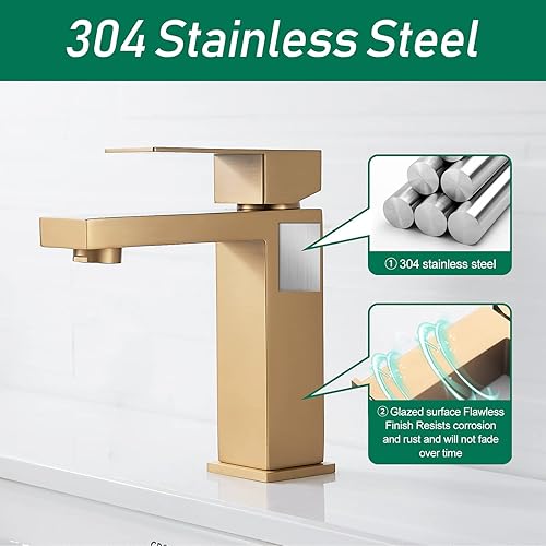 Miniatura 3 de Grifo de baño dorado cepillado, moderno grifo de lavabo de un solo agujero, grifo de lavabo de baño de una sola manija, dorado cepillado, con placa