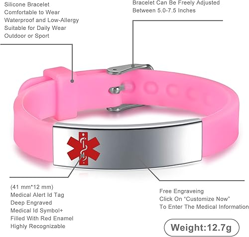 Miniatura 2 de JF.JEWELRY Pulsera de identificación de alerta médica para diabetes tipo 1tipo 2epilepsiaantisangre, con banda de silicona, pulsera de acero