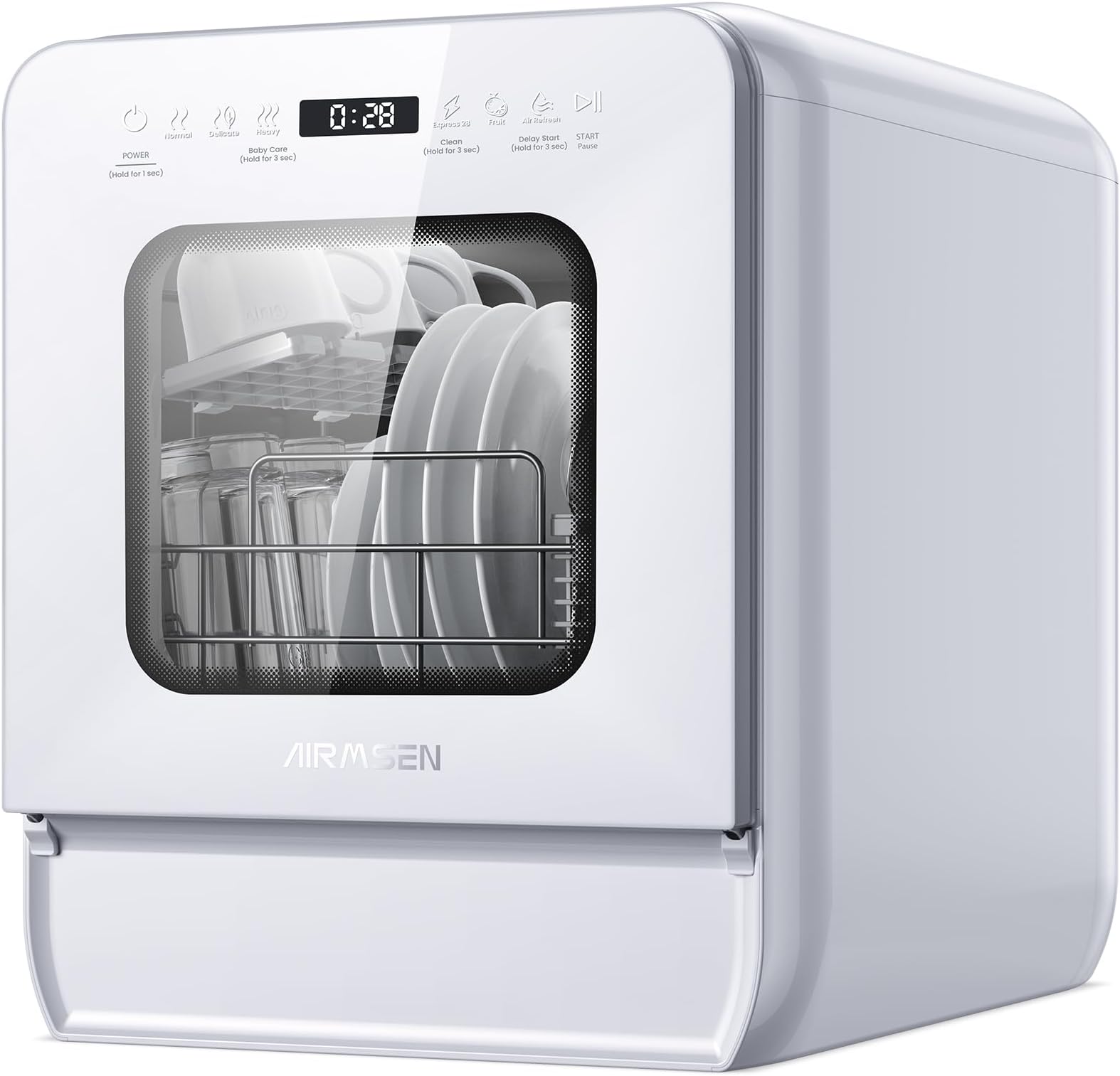 AIRMSEN Portable Countertop Dishwasher with 5L Water Tank, Mini Dishwasher with 14” Ultra-Narrow Design, 7 Programs, 24H Delay Start & 360° Dual Spray, No Hookup Needed, C01