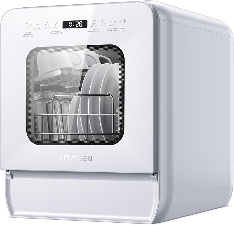 AIRMSEN Asztali Mosogatógép Mini 37x50cm Víztartállyal 9 Program 360° Permetezés Fehér
