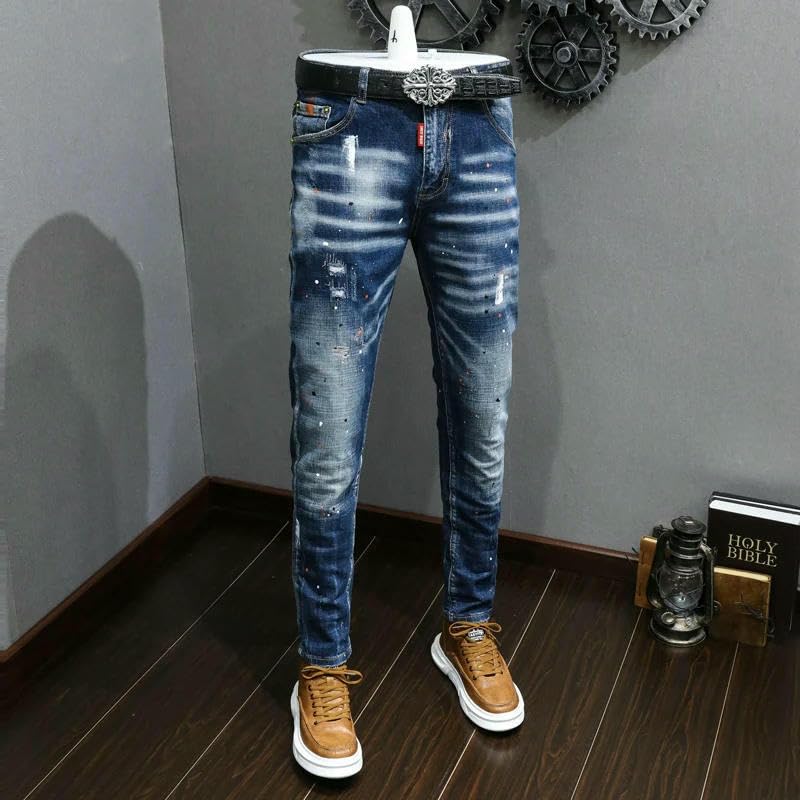 Mens Jeans Retro Blue Stretch Slim Fit Painted Ripped Trousers Men Korean Vintage Casual Denim Pants2