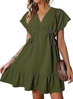 Womens Summer Dresses 2025 Short Sleeve V Neck Empire Waist Drawstring Casual Ruffle A-Line Swing Mini Babydoll Dress - Buy now