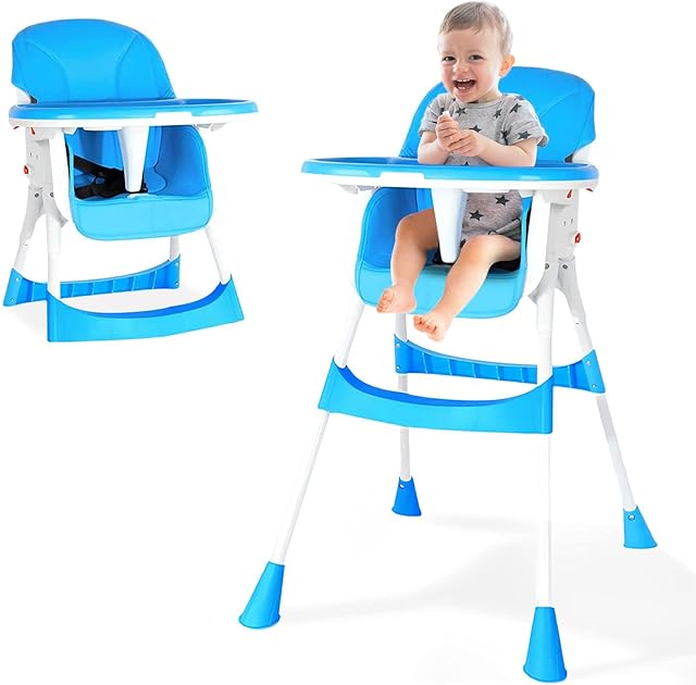 Baby High Chair Feeding Chair Foldable Seat Ajustable Height Dining Table Booster with Detachable Double Tray Safety Belt PU Cushion for Baby Toddlers 6 Months - 4 Years