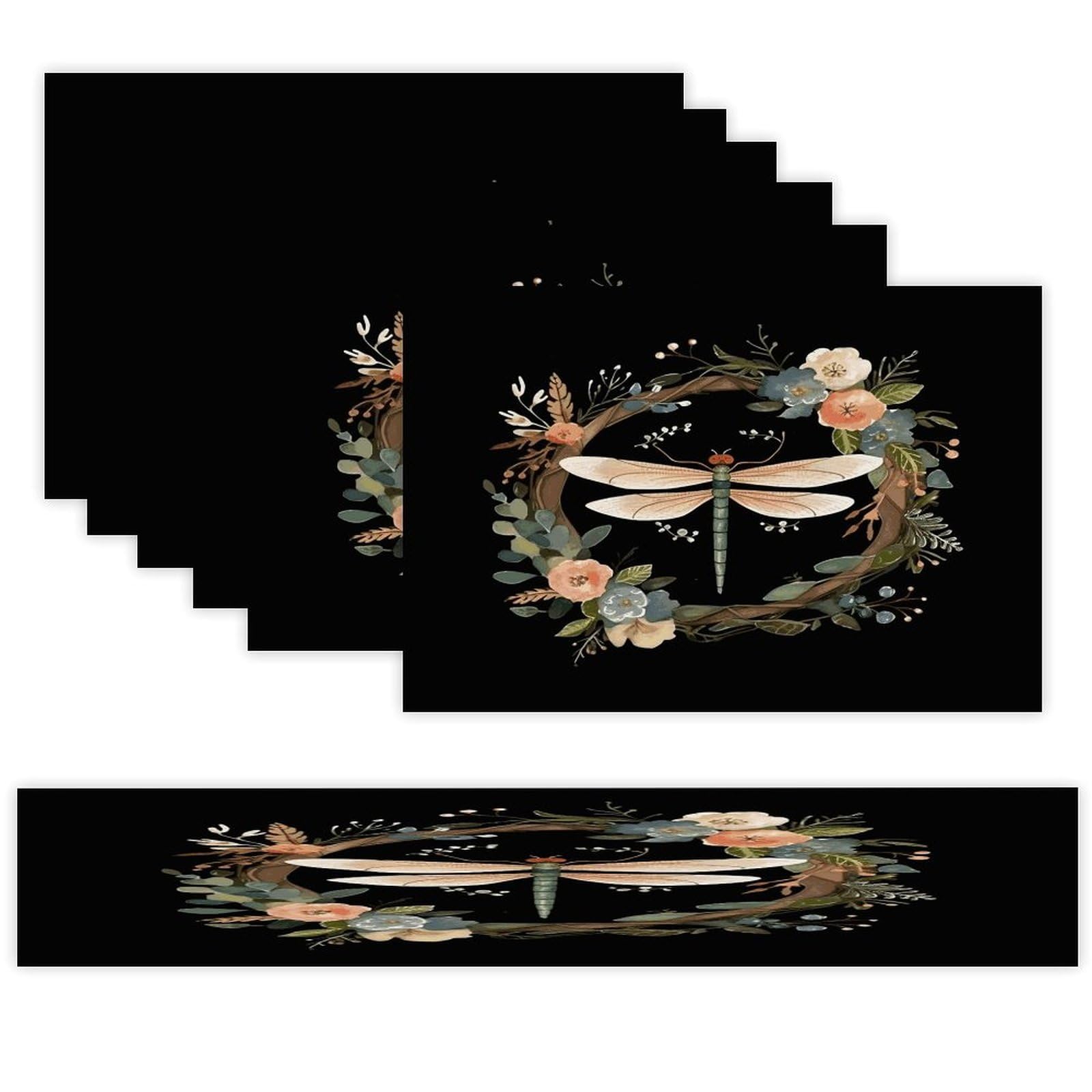 Image of Dragonfly in Wreath Table Runner and Placemats Set of 6 for Kitchen Washable Table Mats Heat Resistant Place Mats Non-Slip Place Mat Wipeable Placemat(6 Placemats+1 Table Runner)