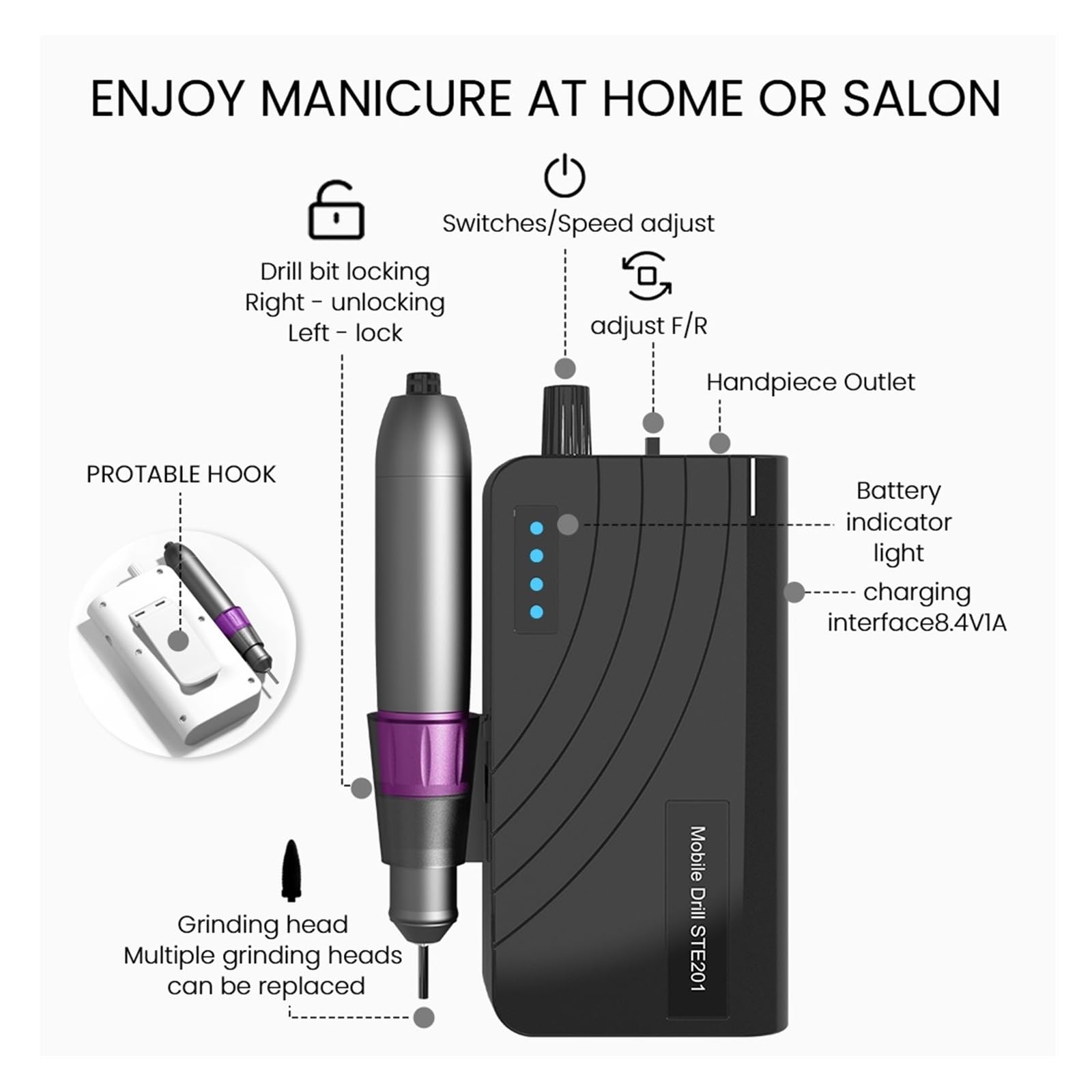 Lima Electrica Uñas, Taladro de uñas eléctrico portátil, taladro recargable profesional 35000 RPM for quitar esmalte gel acrílico(Nero)