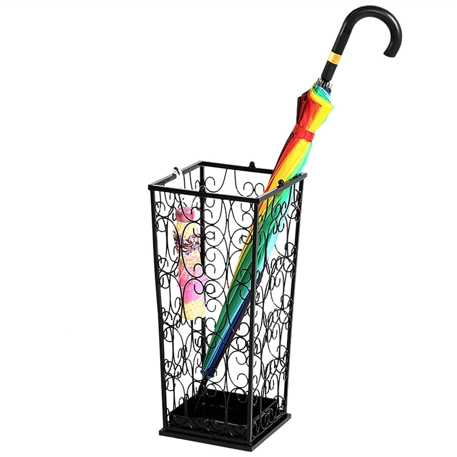 Porte-parapluie en métal noir ajouré pour organiser une entrée étroite