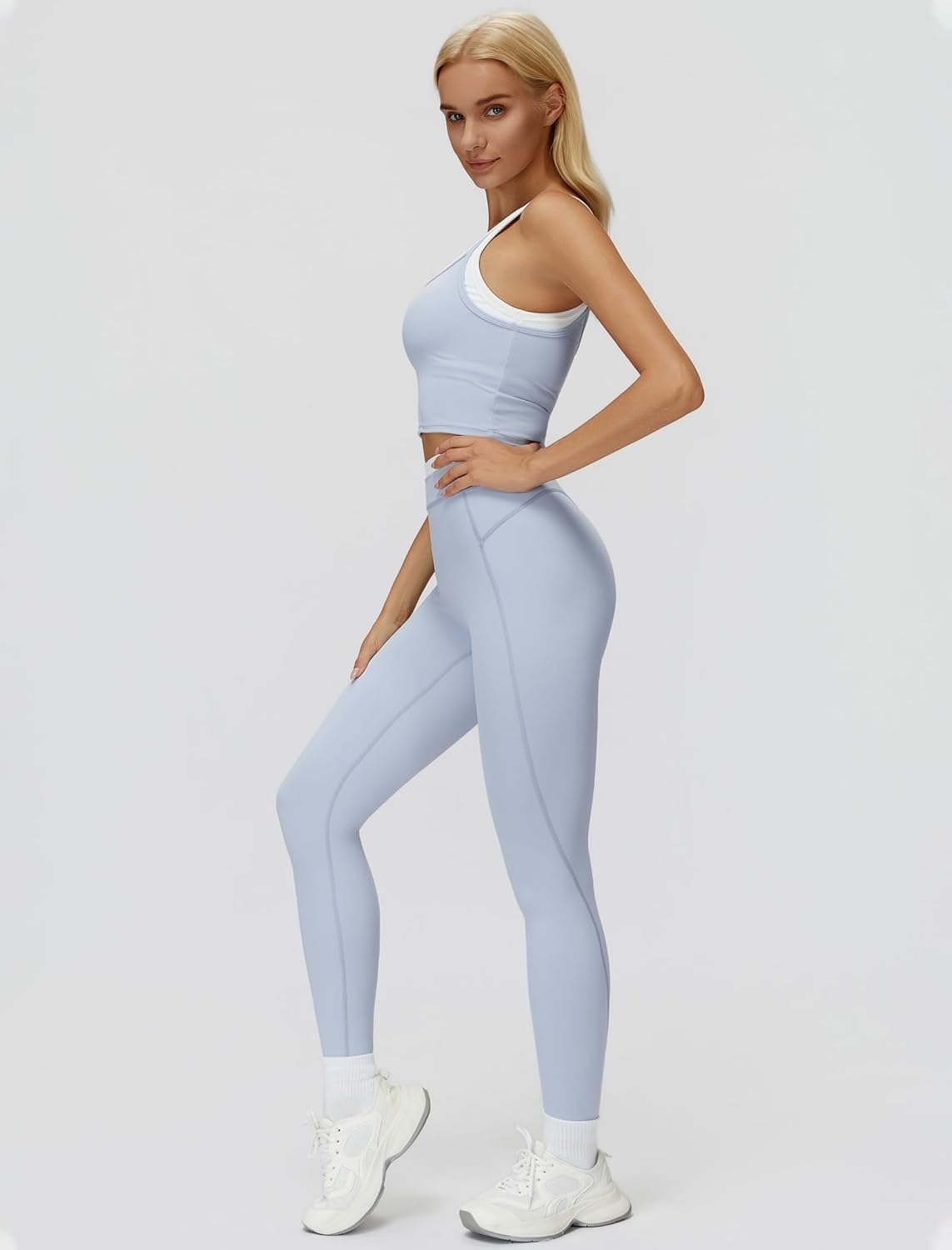 QBGJTD Womens Workout Set Two Piece Racerback Color Block Tank Tops Matching High Waist Leggings Gym Work Out Outfits