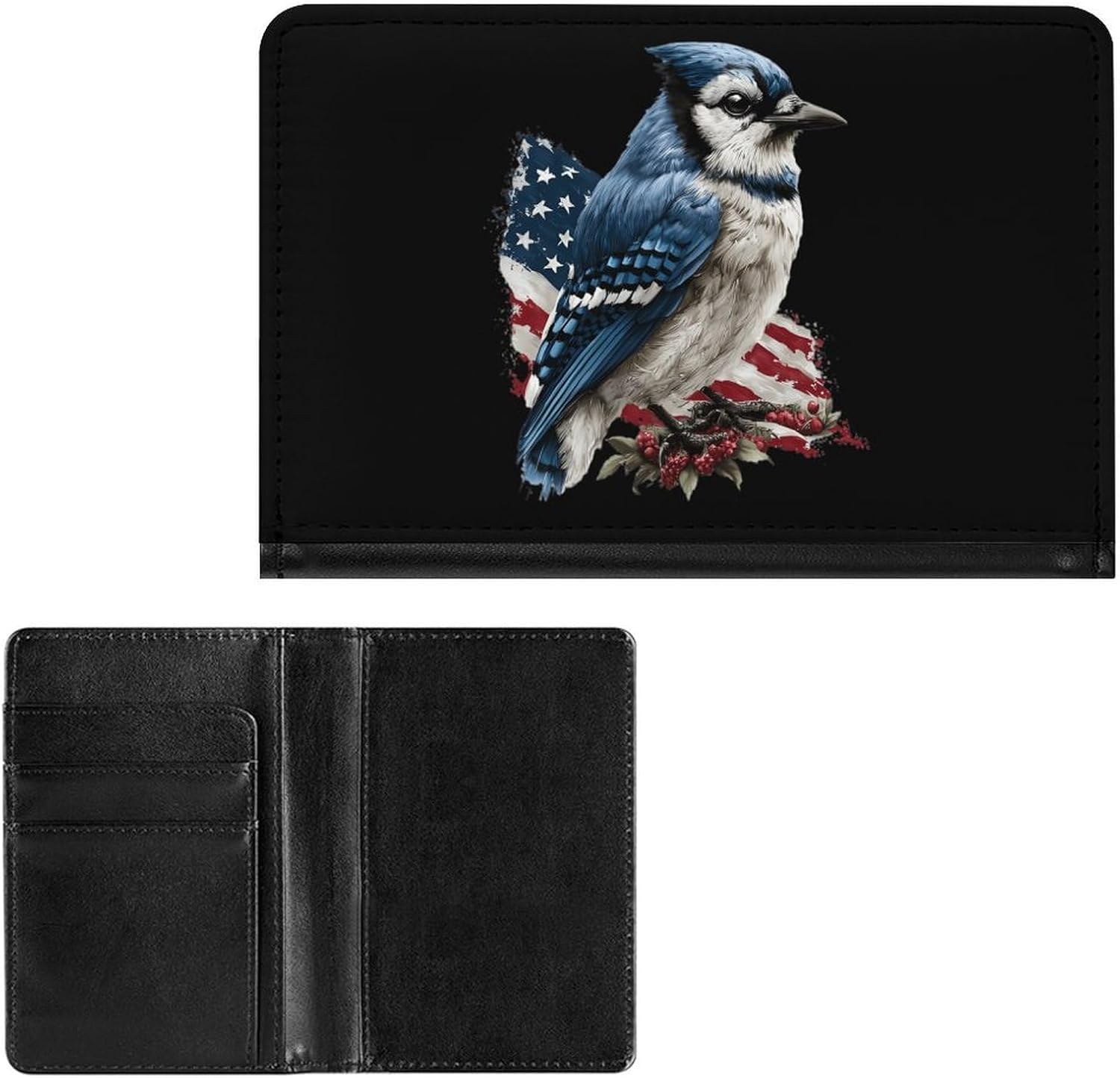 Blue Jay Bird with U.S. Flag Funny Passport Holder Slim Travel Wallet Passports Cover Card Case with Slot