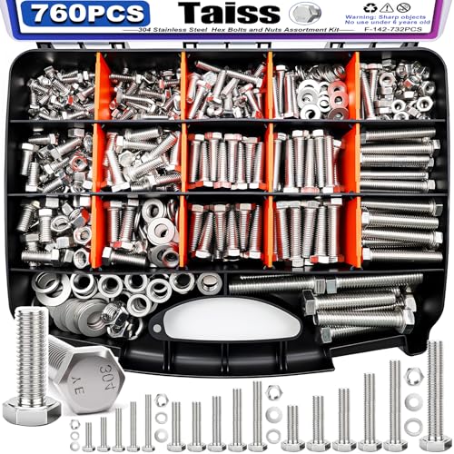 Image of Taiss 760PCS 18-8(304) Stainless Steel Hex Bolts and Nuts Assortment,1 /4-20 5 /16-18 3 /8-16 1 /2-13(Length 1 /2 inch to 2-1 /2 inch) Heavy Duty SAE Nut and Bolt Assortment,Assorted Nuts and Bolts & Washers Kit