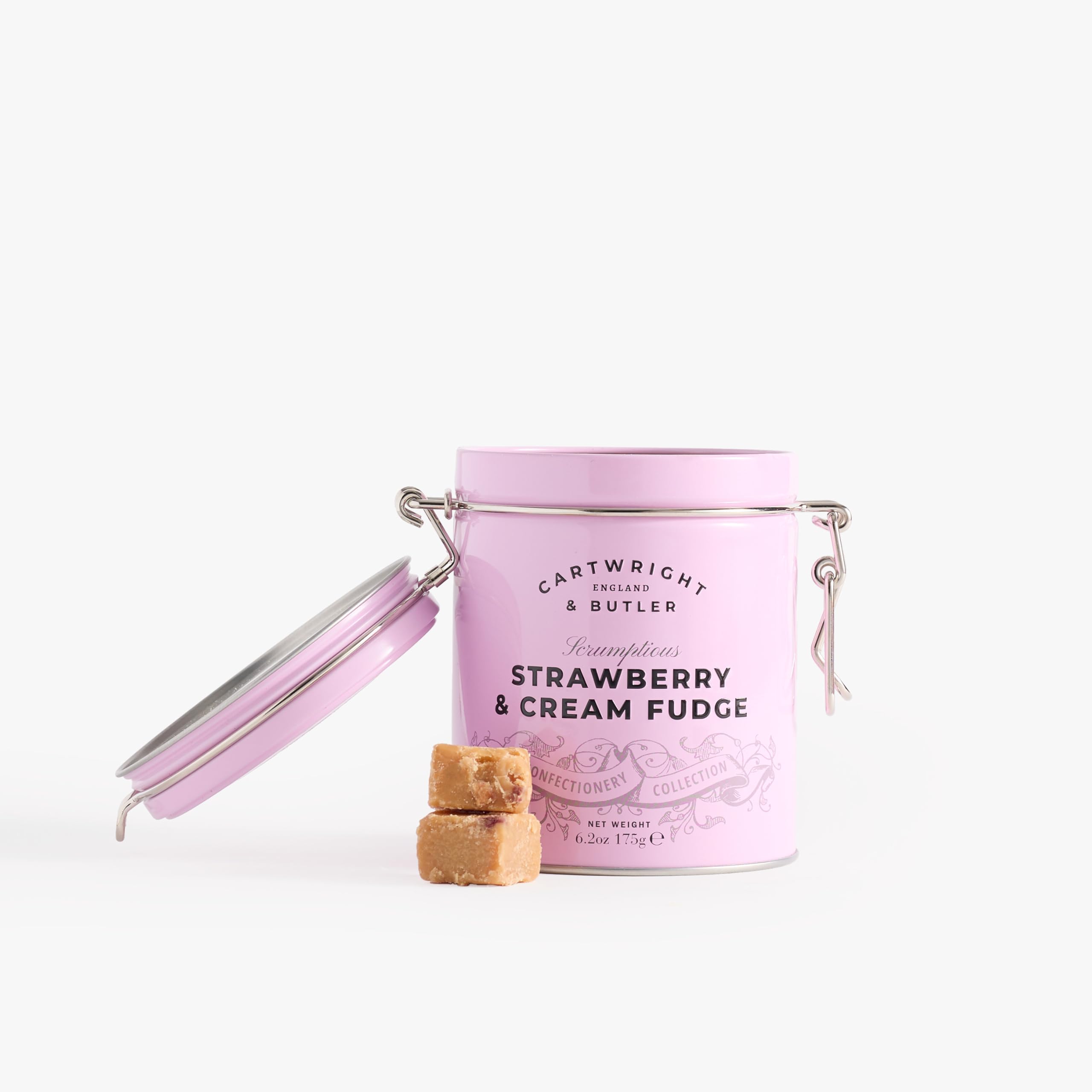 Cartwright & Butler Strawberry & Clotted Cream Fudge in Tin, Traditional Clotted Cream Fudge with Sweet Dried Strawberries, Luxury Fudge Sweets in a Classic Clip-Top Fudge Tin, Gluten Free