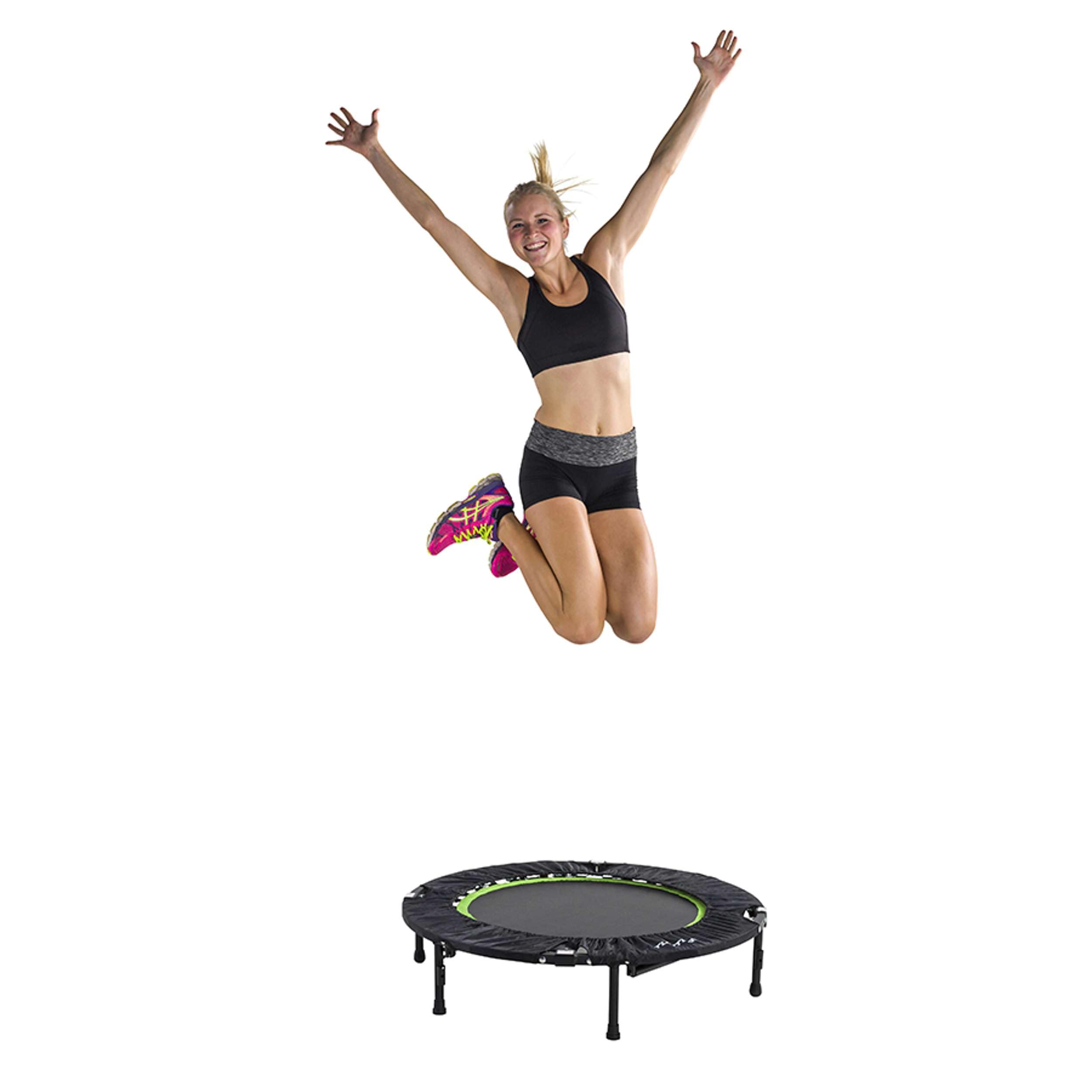 Tunturi Erwachsene klappbares Fitness Trampolin Ø 104cm mit Stange und Randabdeckung/Jumping Fitness Trampolin/Rebounder | Maximale Belastung 140 kg, Sprunghöhe 22 cm, Gewicht 11 kg, Faltmaß 40 x 75 x 10 cm