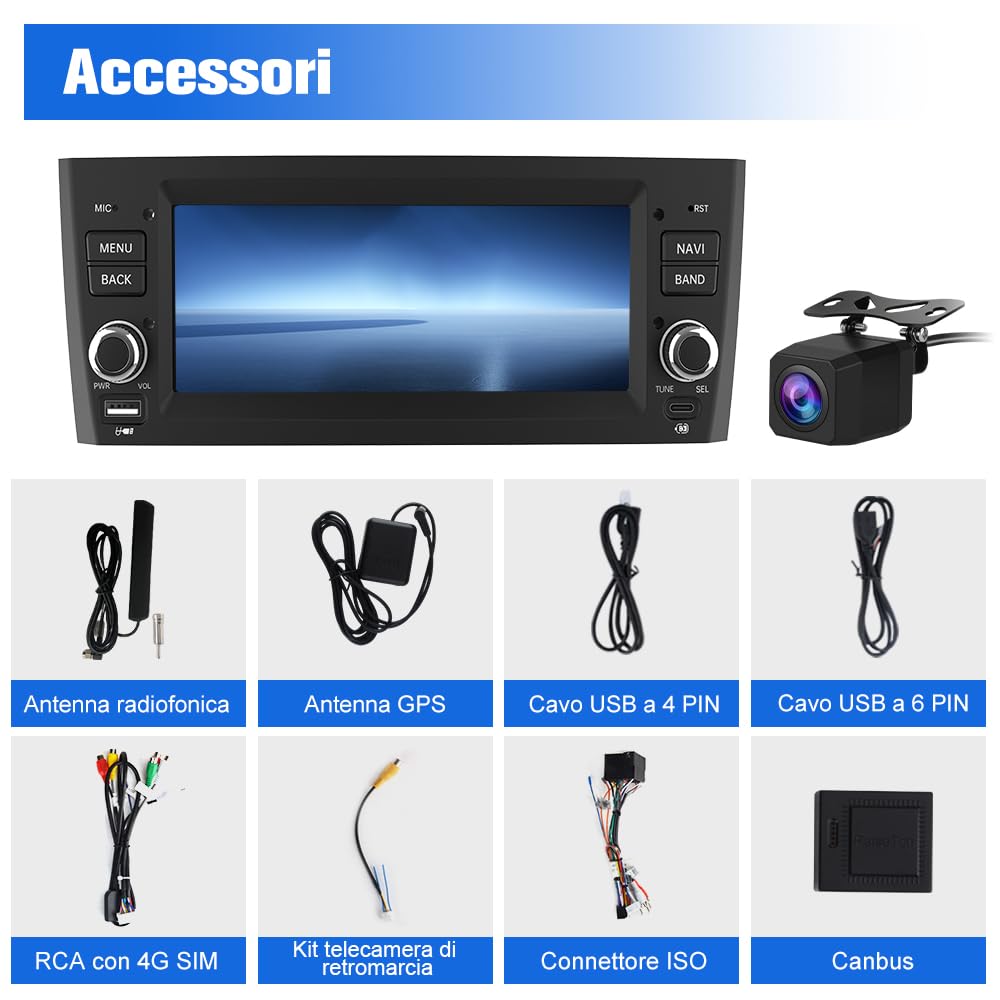 Autoradio 1 DIN per Fiat Grande Punto (2005-2012) 6,86" Android 15 Car Radio con Bluetooth Wireless CarPlay Android Auto WIFI GPS FM RDS Comandi al volante Telecamera posteriore (2GB+64GB)
