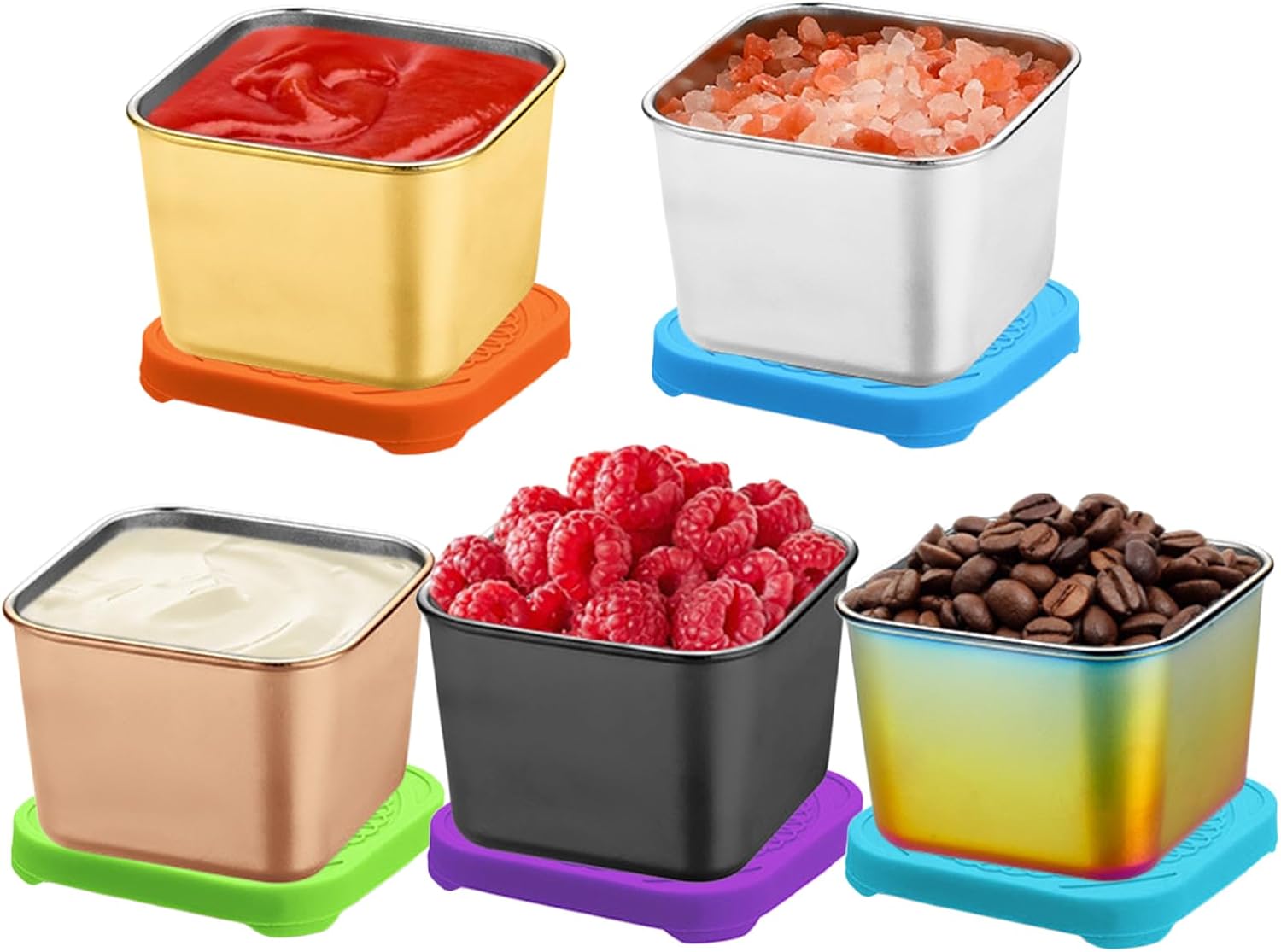 Joyeee Large Condiment Containers To Go, 5 Pcs 6.7 fl oz Square Spice Jar Kits with Silicone Lids, Individual Portion Cups, Leakproof Reusable Ideal for All Hot and Cold Sauces, Lunch Box, Work Trip