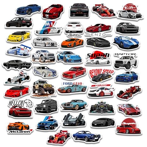 Image of Car Stickers Pack of 43 - Waterproof Vinyl Decals for Laptop, Water Bottle, Helmet & Skateboard | JDM Muscle Car Supercar F1 Racing Sticker Set | Scratch Proof Heavy Duty Decals for Boys & Teens