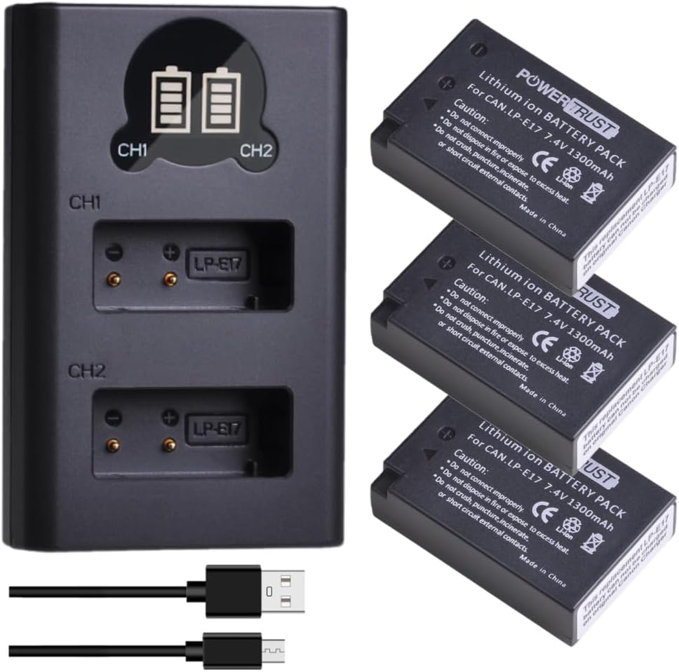 – 3Pcs LP-E17 Battery and LED Dual Charger for Canon EOS R50,850D,800D,250D,750D,760D,77D,200D, 250D,M6 Mark II, R10, R8,RP, M5,M3