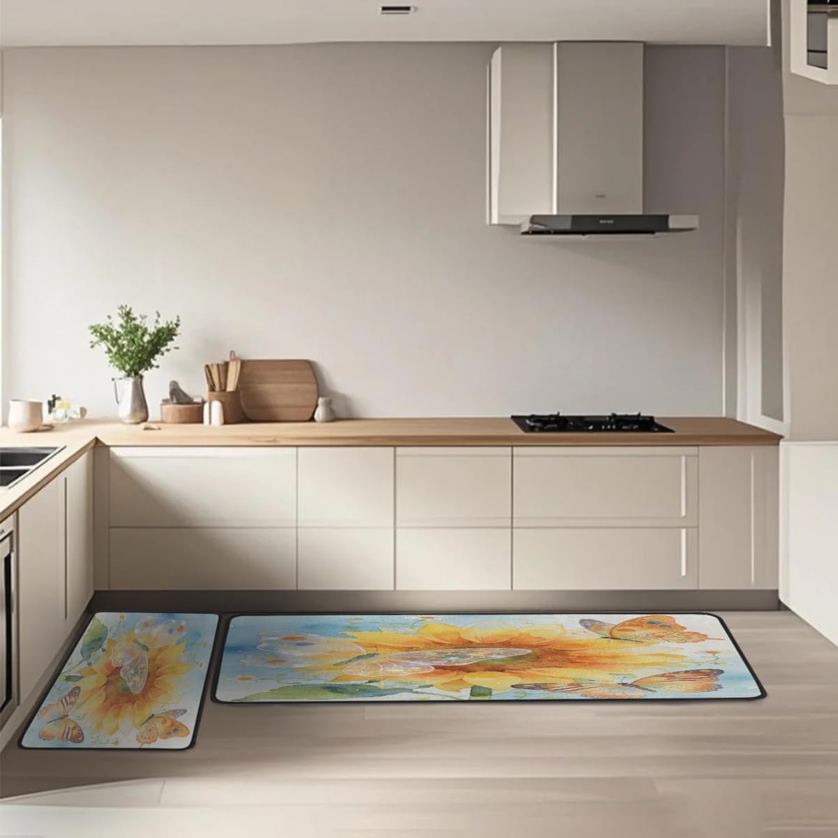 Anti Fatigue Glitter Sunflower Butterfly Kitchen Mats for Floor 2 Piece Set, Waterproof Non Slip Boho Kitchen Floor Rugs, Comfort Standing Mat for Sink Laundry & Home Kitchen 17"x47"+17"x29"