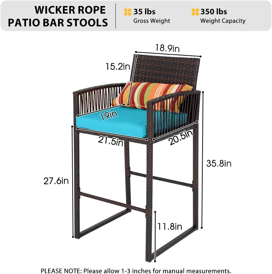 Sundale Outdoor Wicker Bar Stools Set of 4, Patio Counter Height Rattan Rope Stools with Back Rest, High Chair with Pillow & Cushion, All-Weather Armless Tall Pub Barstool (Brown & Blue, 4 Stools)