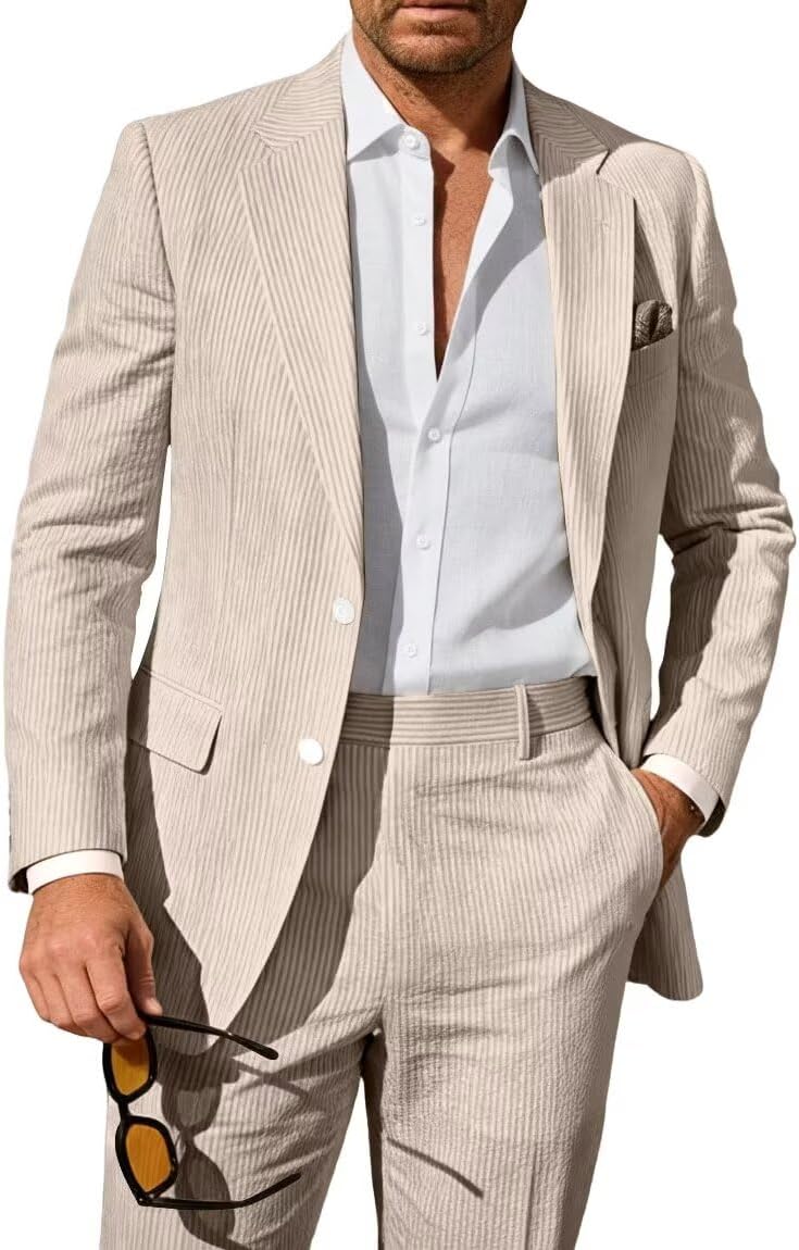 Seersucker Suit Mens 2 Piece Summer Beach Wedding Outfit for Men Classic Fit Casual Sear Sucker Suit for Grooms Prom Party