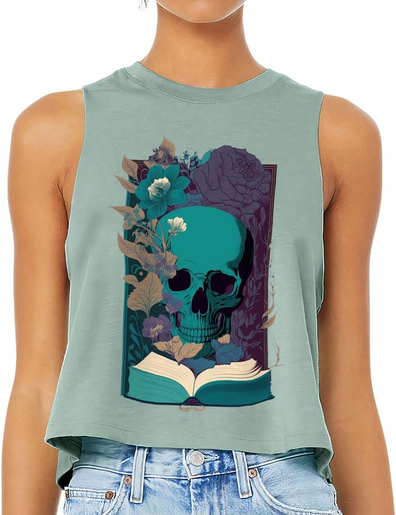 Blue Skull Racerback Cropped Tank - Cool Skull Women's Tank - Digital Art Tank Top - Heather Dusty Blue, XL