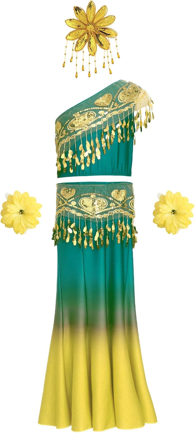 TiaoBug 4Pcs Girls Peacock Dance Suit Skirt Sequins Tassels Crop Top Hair Clip Wrist Band Set
