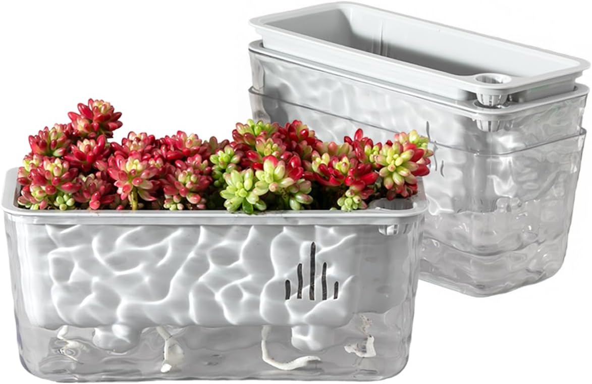 3 Pack Self Watering Rectangular Plant Pots, 11" x 5"x 5" Plant Containers with Drainage Holes, Rectangle Houseplant Window Planters for Succulents, Flowers,Herbs,Vegetables (Grey)