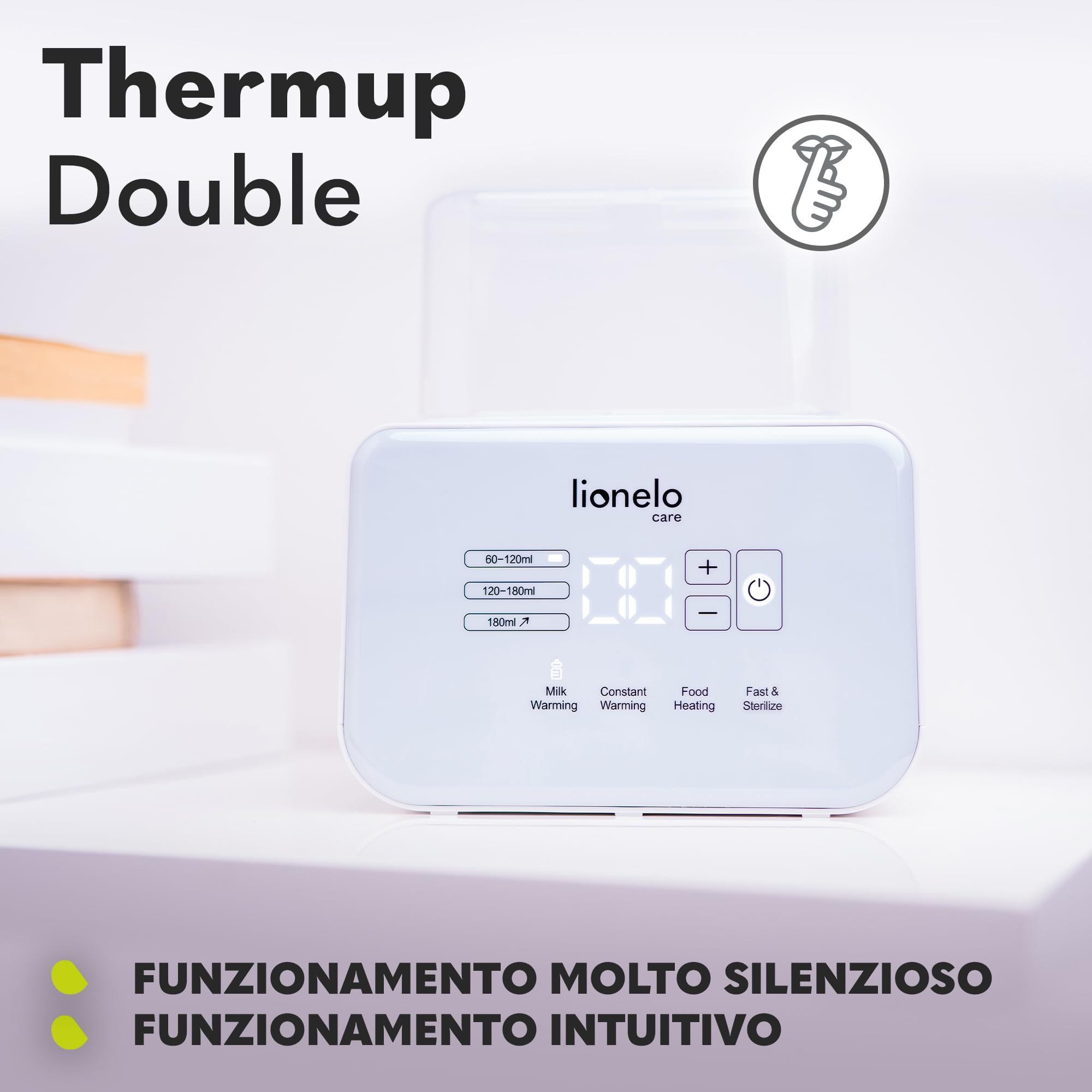 LIONELO Thermup Double scaldabiberon elettrico doppio, Sterilizzatore, scalda pappe e biberon, scongelamento latte, riscaldamento rapido 3-5 minuti, 6 funzioni