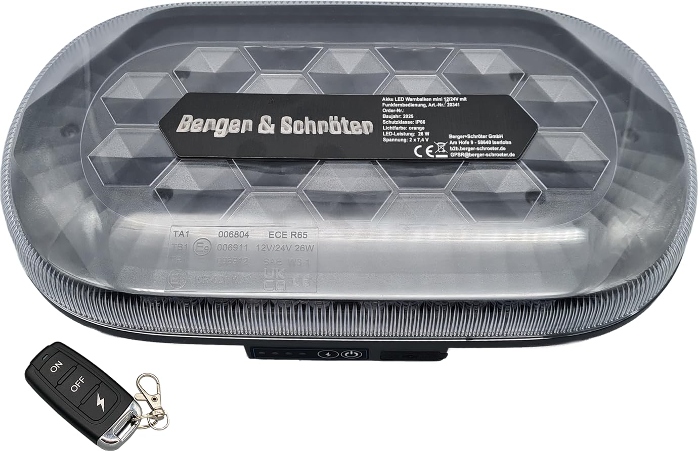 Berger & Schröter | Akku LED Mini Warnbalken magnetisch, 12/24 V Warnlicht, Fernsteuerung per Funkfernbedienung, 4000 mAh, 7 Blitzmuster, wiederaufladbare Warnleuchte für Auto, LKW, Traktor, SUV