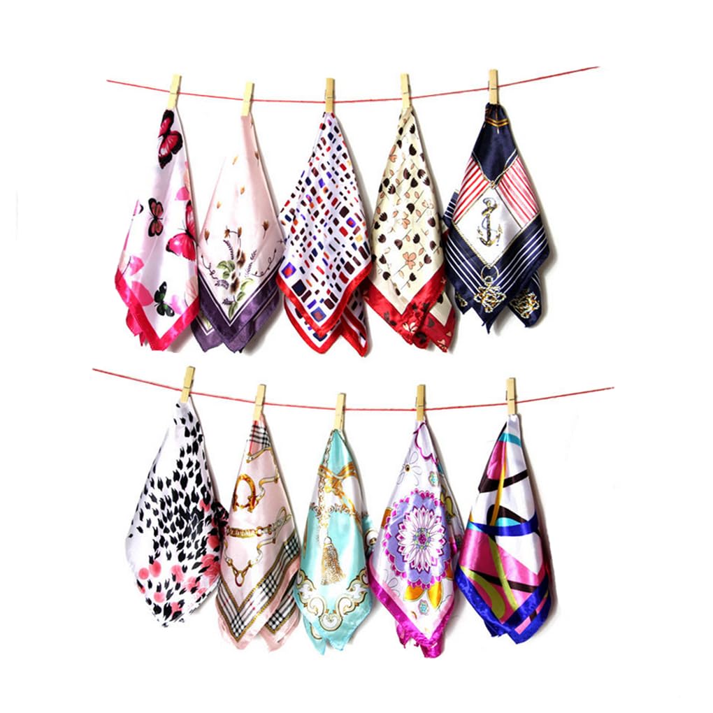 OHEETU 10Pcs 19.7inch Mixed Color Silk Square Scarf Neck Scarfs Multi-functions Handkerchief Satin Handbag Wraps Headband Hair Tie Band 50x50cm