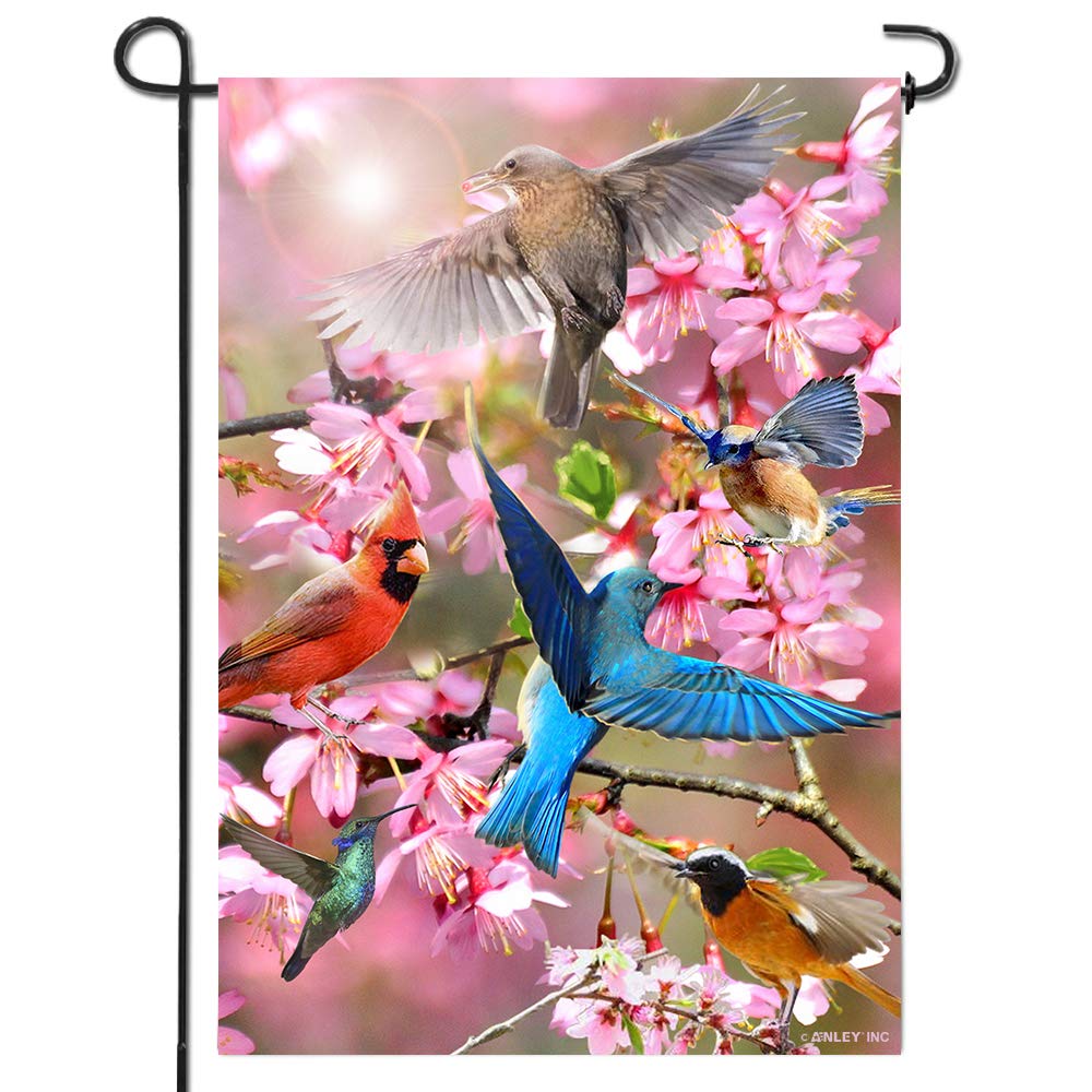 AnleyDouble Sided Premium Garden Flag, Spring Peach Blossom Flower and Bird Welcome Decorative Garden Flags for Home Decor - Weather Resistant & Double Stitched Yard Flags - 18 x 12.5 Inch