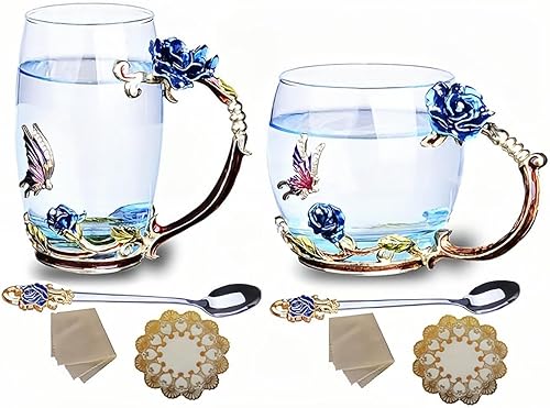 Vista 13 de Paquete de 2 tazas de té elegantes, tazas de café de vidrio de 12 onzas, tazas de vidrio transparente con juego de cuchara, envía 2 posavasos 2