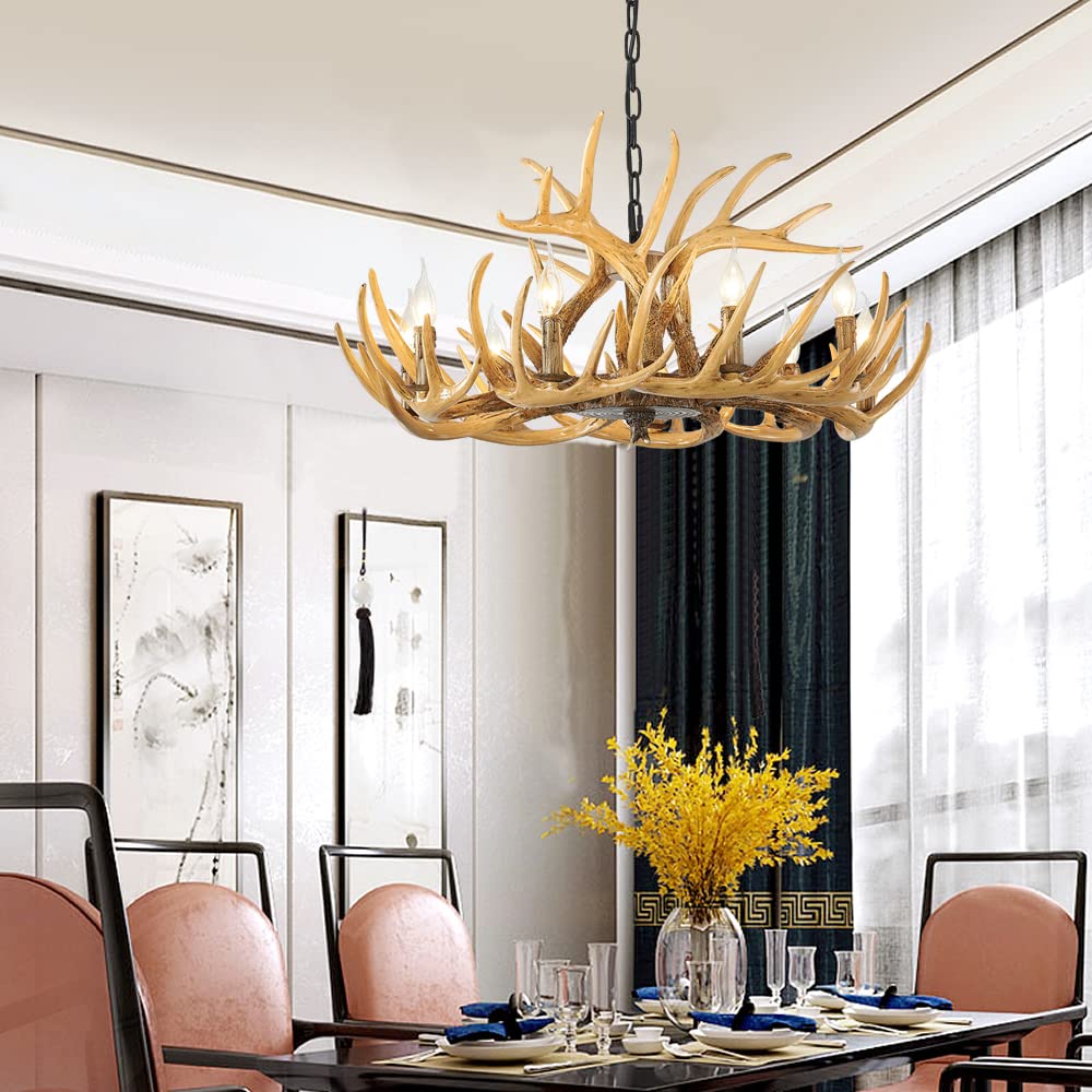 Żyrandol z poroża z żywicy, 9-punktowa lampa sufitowa z poroża, żyrandol w stylu retro rustykalnym do kawiarni, salonu, sklepu odzieżowego (9 lamp z poroża + 3 poroża)