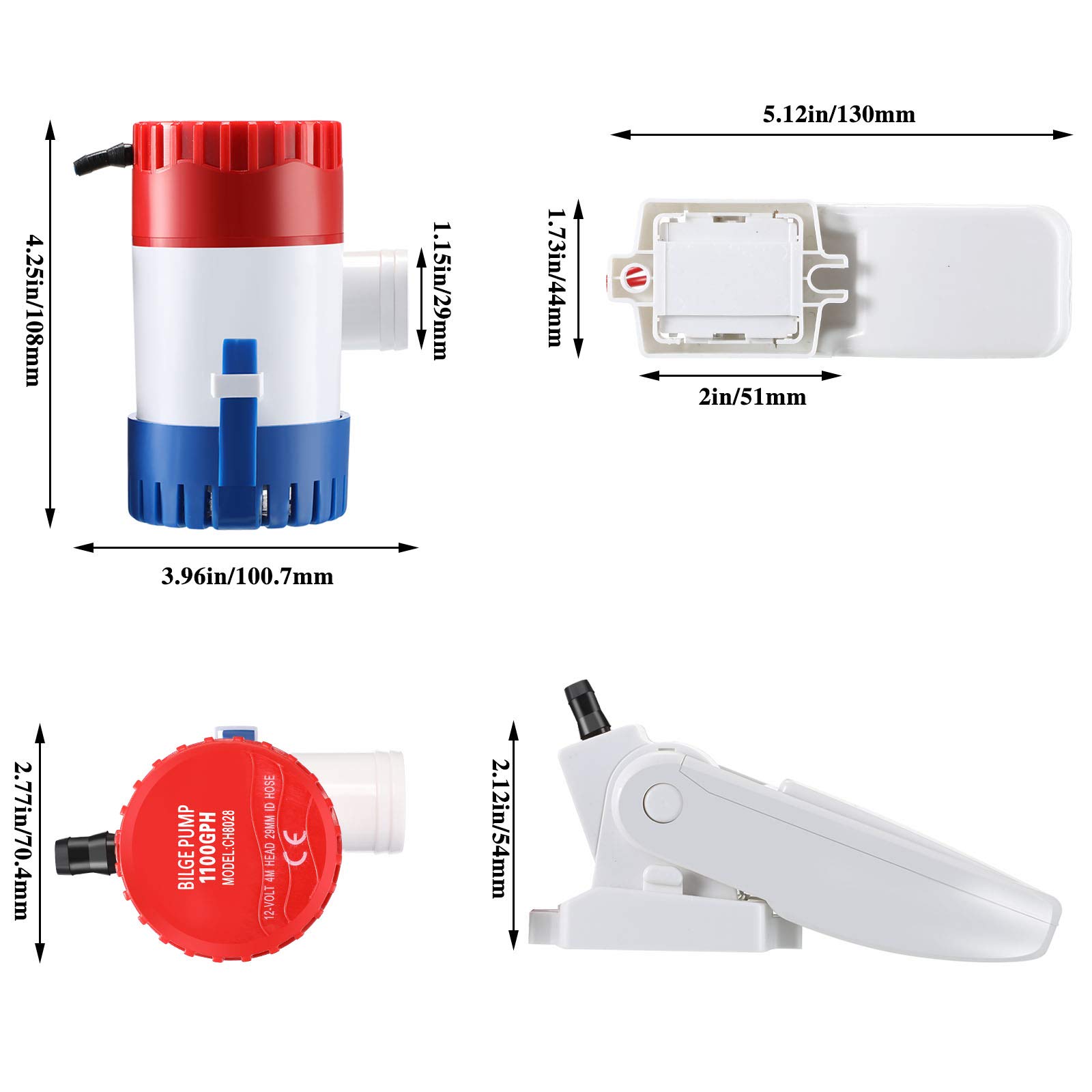 Boat Bilge Water Pump 12 V 1100 GPH Electric Marine Bilge Pump and