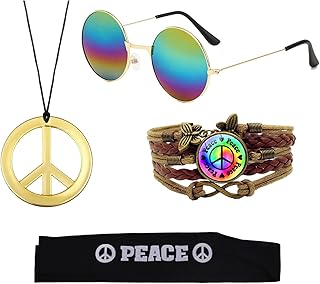 4 Pièces Ensemble de Costumes Hippie, Années 70 Accessoires Hippy Lunettes de Soleil Vintage Peace Sign Collier Bracelet Hip Hop Disco Accessoires Homme Fête sur le thème d'Halloween