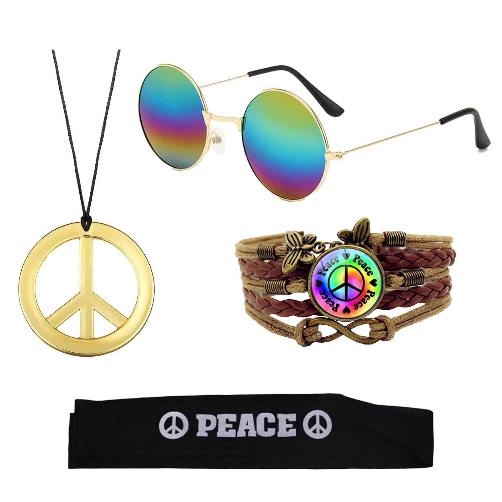 GWAWG 4Pcs Hippie Costume Sets, 70s Hippie Accessories Vintage Sunglasses Peace Sign Necklace Bracelet Hiphop Disco Accessory for Men Halloween Theme Party