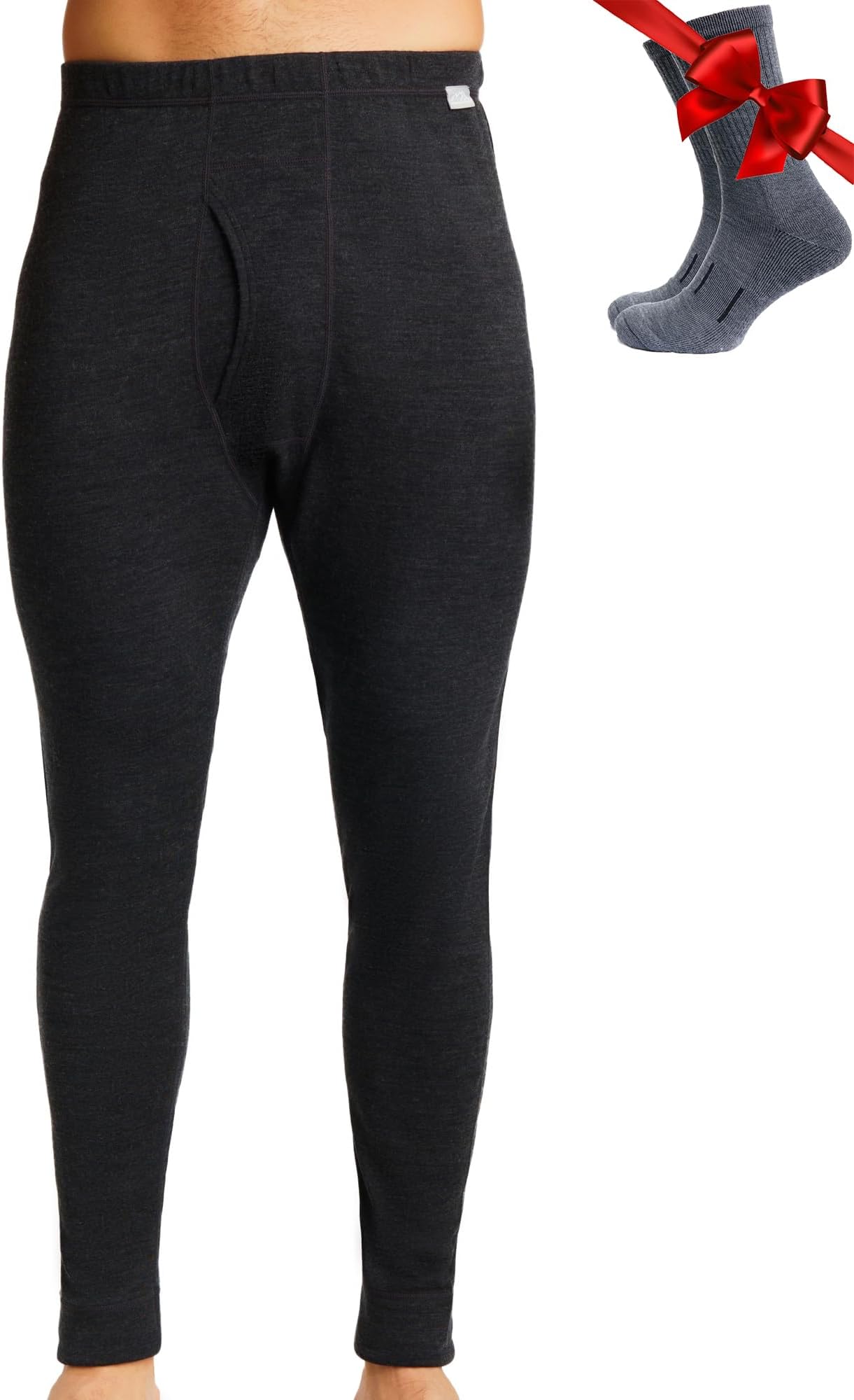 Merino.tech Merino Wool Base Layer Mens Bottom Pants 100% Merino Wool Midweight Thermal Underwear Long Johns + Wool Socks