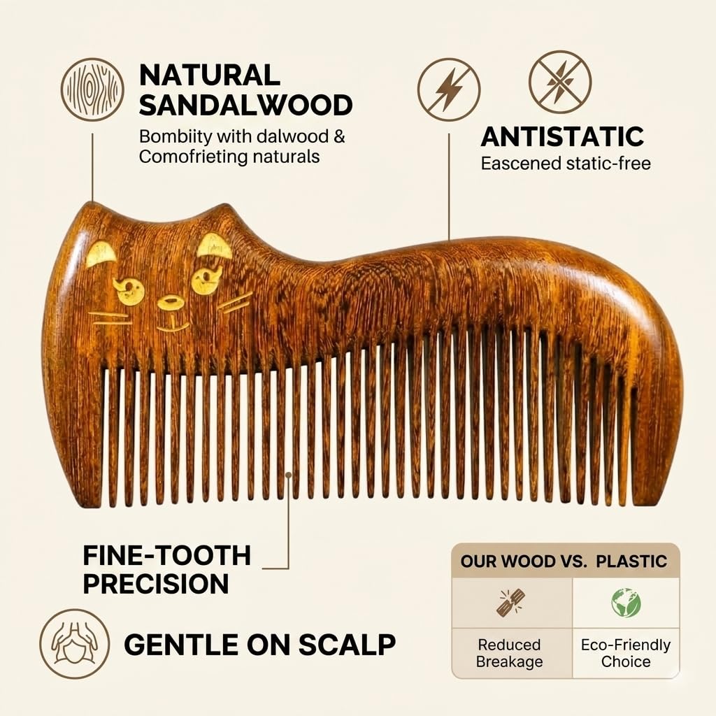 Peine de madera de sándalo, hecho a mano, peine de madera de sándalo, antiestático, peine de pelo de dientes finos para hombres, mujeres y niños, peine para barba, buen regalo (gato)