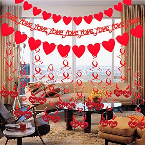 12pcs Red Foil Love Heart Cutouts Hanging Streamers and Red Heart Shape Love Bunting Banner for Valentines Day Decor Wedding Anniversary Engagement Bridal Shower Decoration