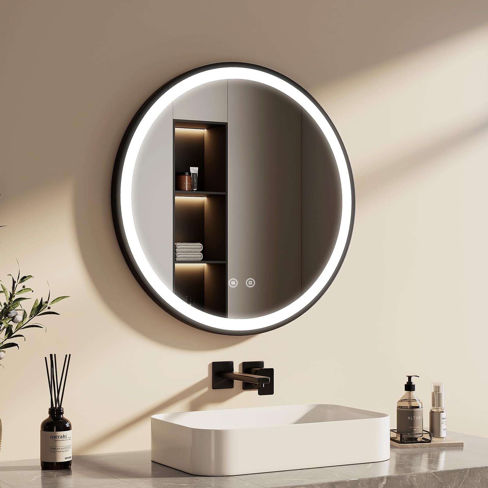 Miroir de salle de bain rond 70 cm EMKE avec cadre noir et éclairage LED tactile
