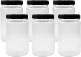 Cornucopia Brands 32oz Clear Plastic Jars w/Black Ribbed Lids (6-Pack): BPA Free PET Quart Size Canisters for Kitchen & Household Storage