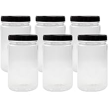 Cornucopia Brands 32oz Clear Plastic Jars w/Black Ribbed Lids 6-Pack BPA Free PET Quart Size Canisters for Kitchen & Household Storage