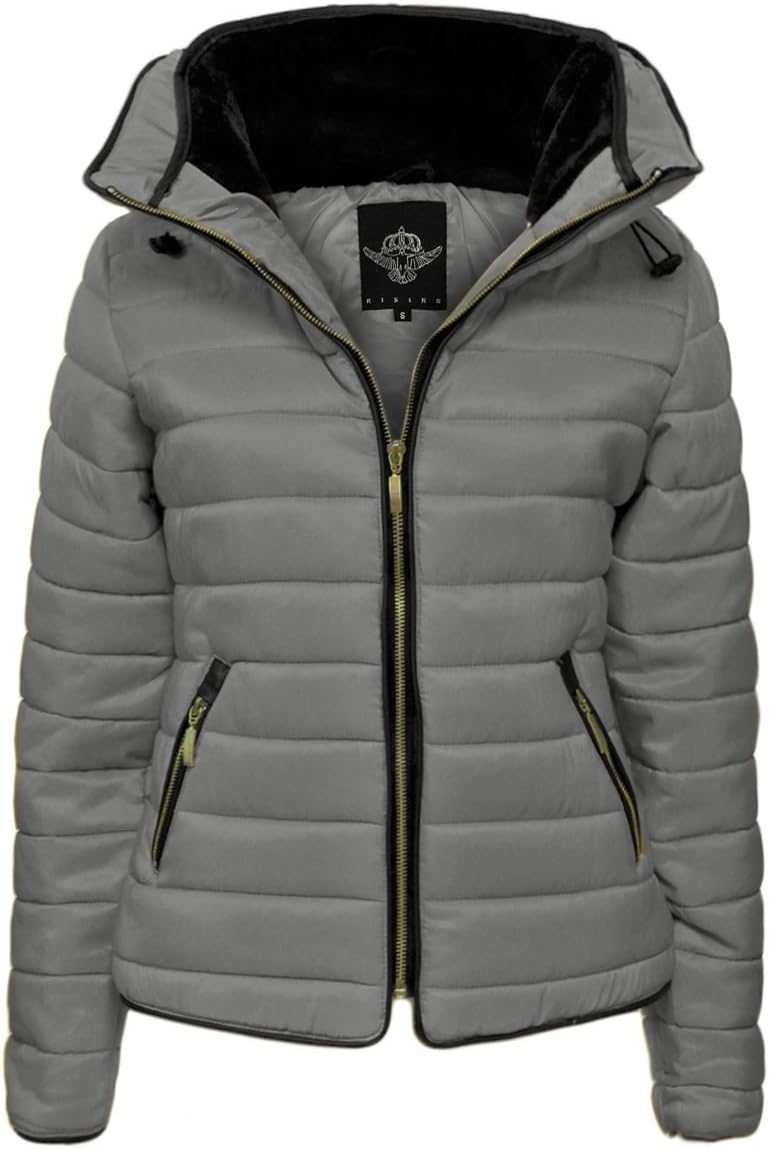 NEW LADIES WOMENS QUILTED PADDED PUFFER BUBBLE FUR COLLAR WARM THICK JACKET COAT