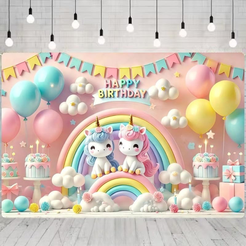 Image of Unicorn Rainbow Birthday Backdrop - Colorful Cake, Balloons, and Cloud Design for Kids Party Photoshoots (Pack of 1)