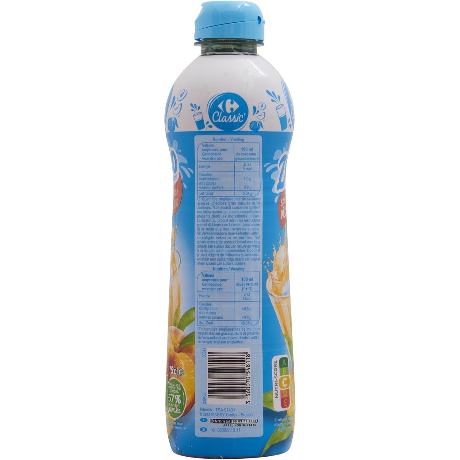 CARREFOUR CLASSIC' Sirop Pêche Zéro Sucres 75cL en Bouteille Plastique Recyclée, Boisson Concentrée Authentique pour Toute la Famille - Lot de 4