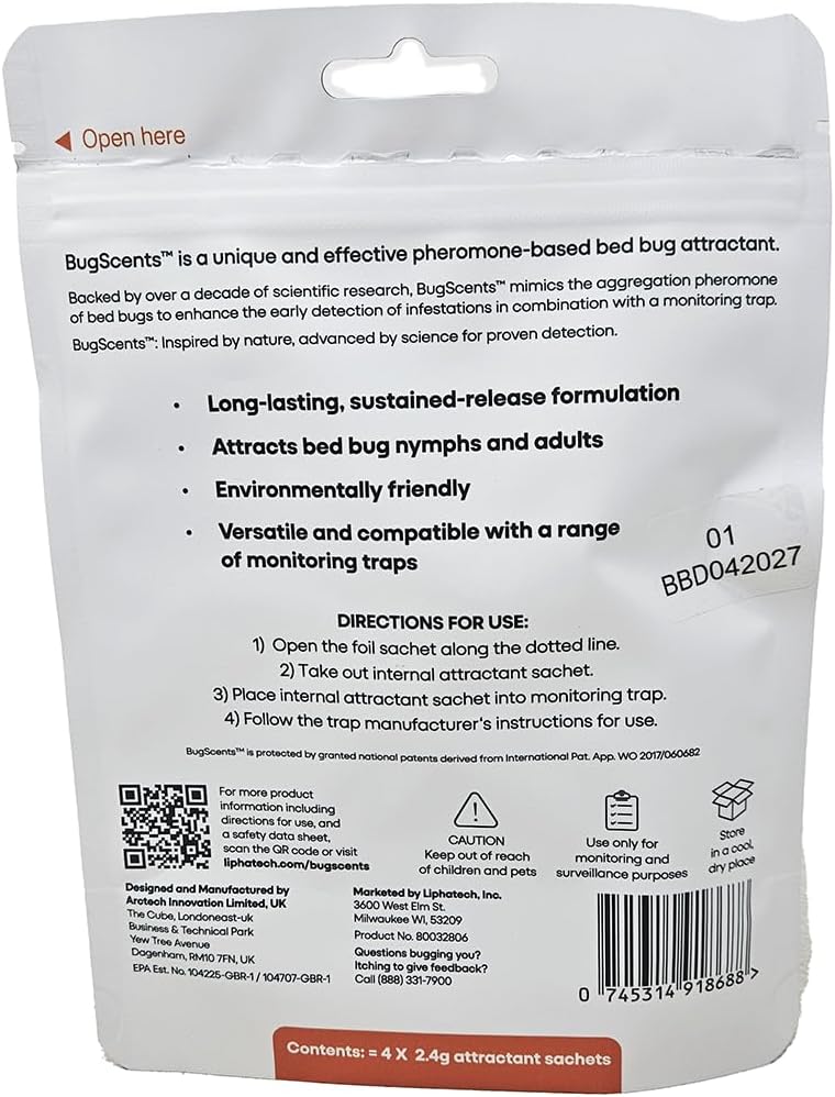 LiphaTech BugScents Bed Bug Attractant - Patented Formula - Detects and Attracts in 24 Hours - 4 Pack