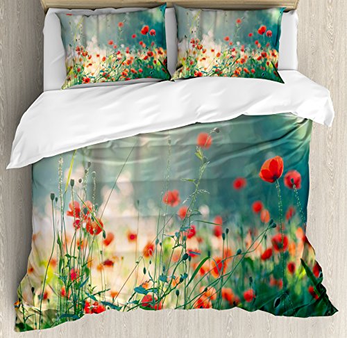 Ambesonne Nature Duvet Cover Set, Wild Red Poppy Flowers Field Summertime Sunbeams Gardening Bedding Plants, Decorative 3 Piece Bedding Set With 2 Pillow Shams, Queen Size, Red Green Yellow #TOP18