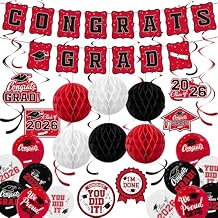 2026 Graduation Party Supplies Kit - Grad Decor Set with Congrats Grad Banner, Class of 2026 Hanging Swirls, Graduation Balloons & Honeycomb Balls - Ideal for High School & College CelebrationsRed